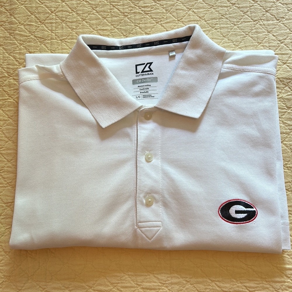 UGA Cutter & Buck DryTec Polo, White, Size Large.